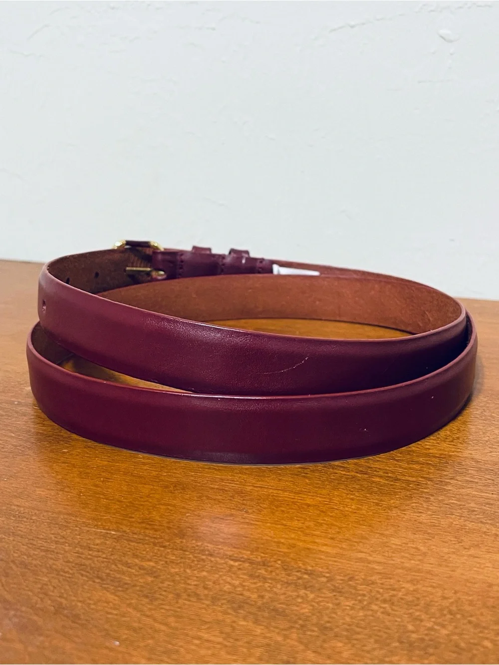 Lands' End Burgundy 100% Leather Dress Belt Gold Buckle Office Career Women L